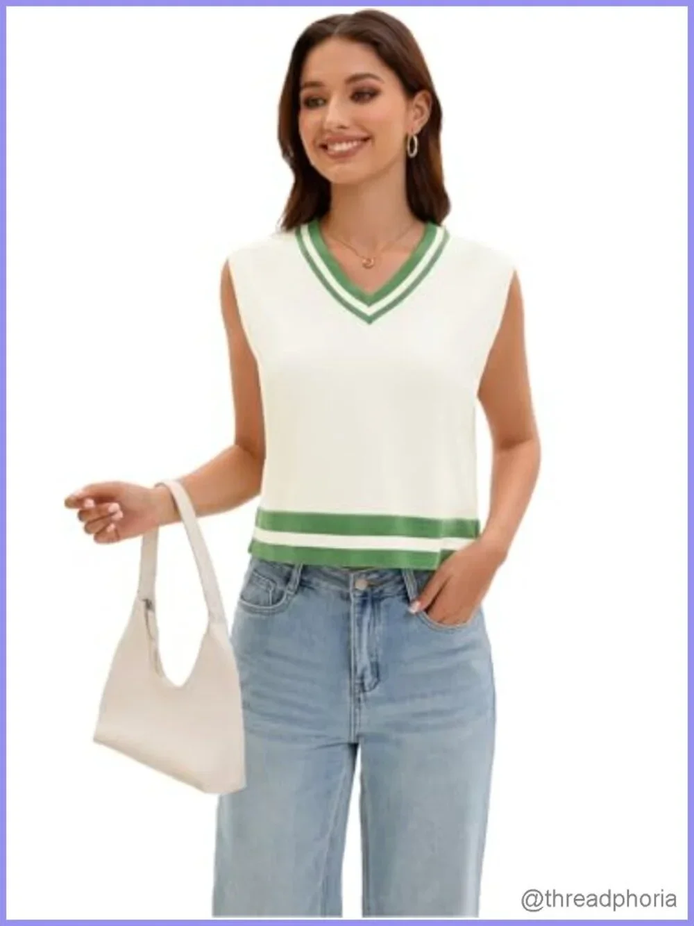 Cropped Sweater Vest V Neck Sleeveless Loose Fit Striped Knit Lightweight